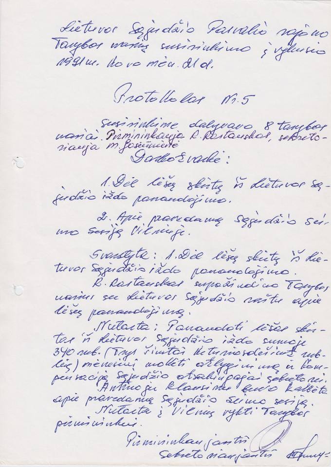 Lietuvos Sąjūdžio Pasvalio rajono Tarybos narių susirinkimo, įvykusio 1991 m. kovo 21 d., PROTOKOLAS Nr. 5